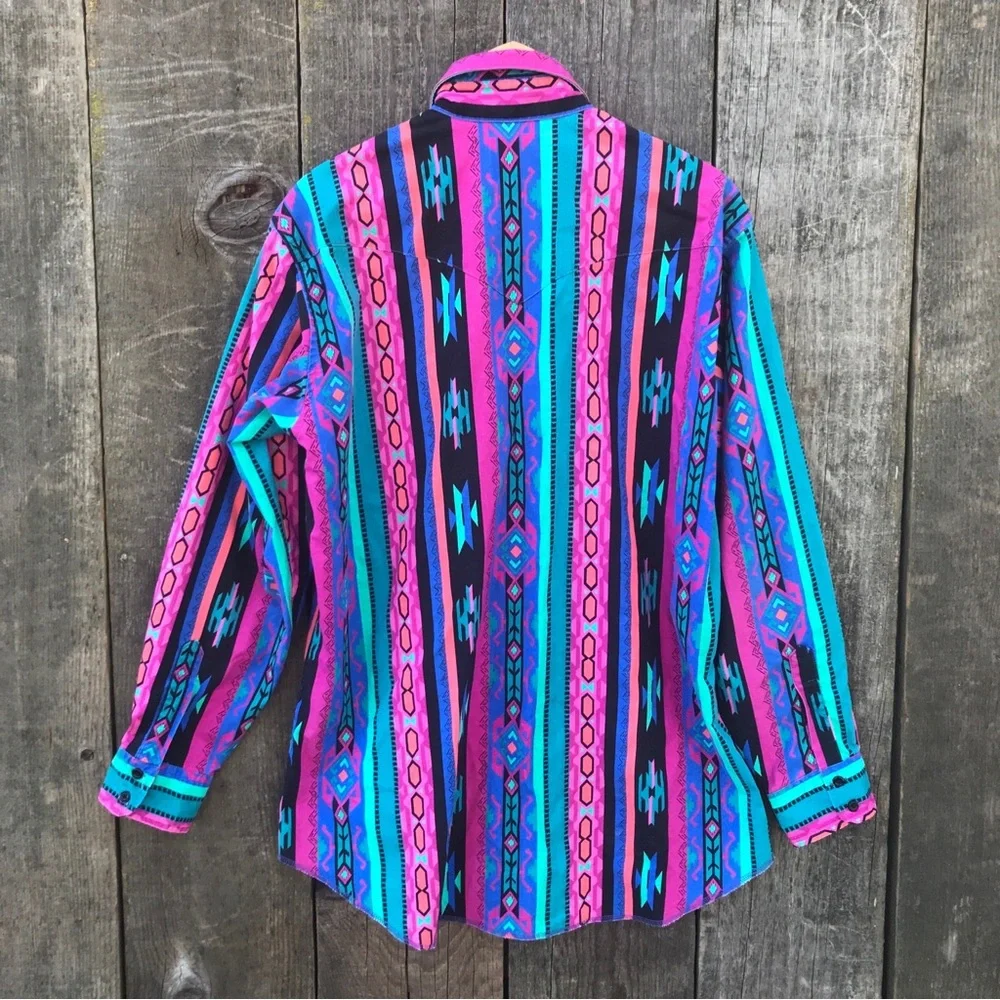 Vintage 90s Wrangler Southwest Aztec Navajo Print Cowboy Rodeo Shirt 16 1/2 - 34 - Picture 4 of 6